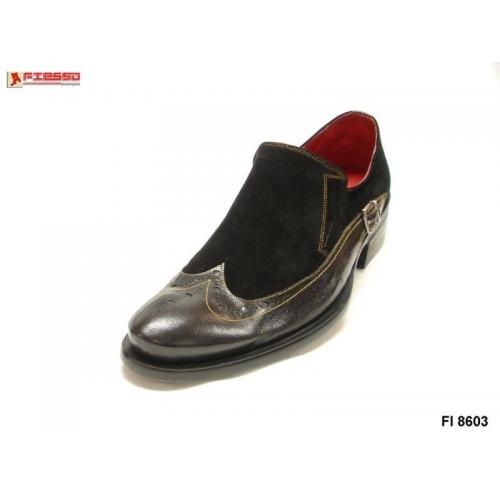 Fiesso Brown Wingtip Black Suede Loafer Shoes FI8603